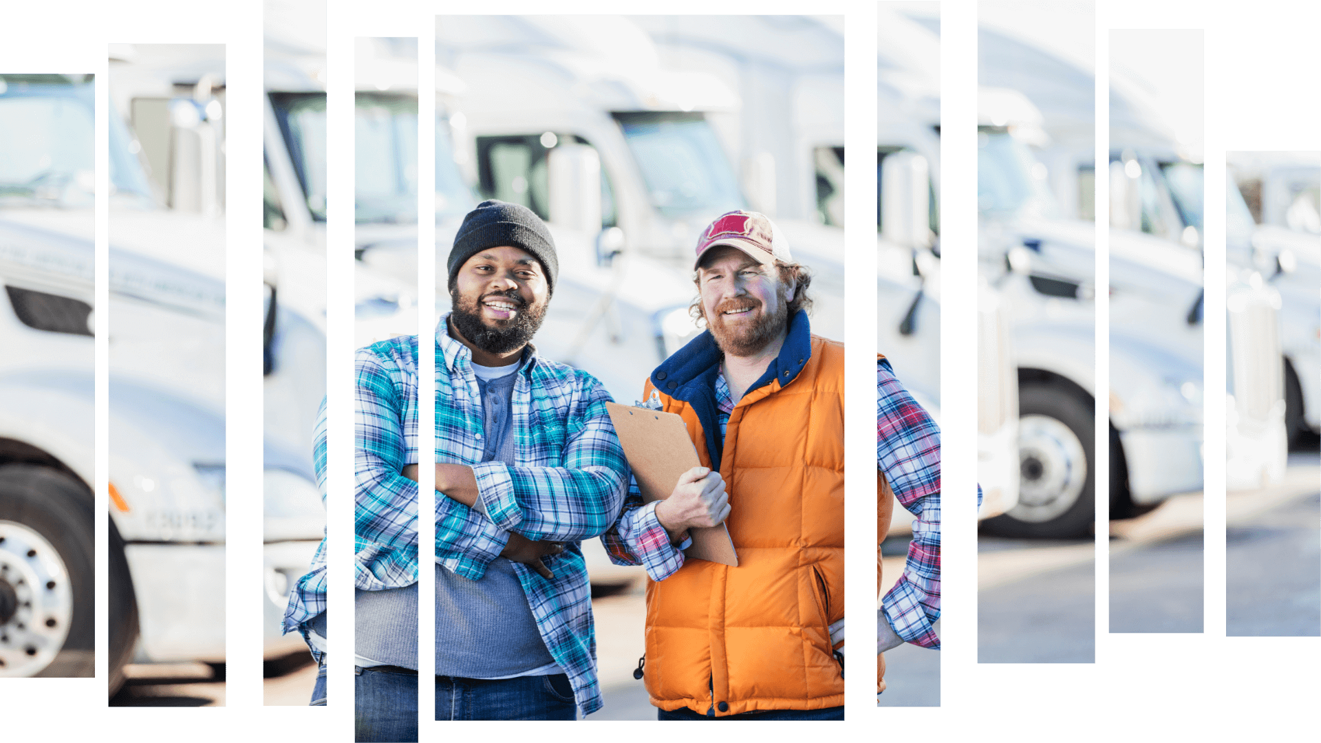 Two trucking company owners in front of their fleet